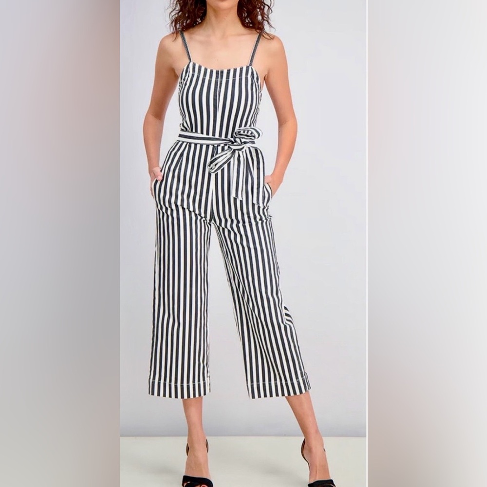 Rachel Roy Striped Sweetheart Neck Sleeveless Cropped Denim Jumpsuit.